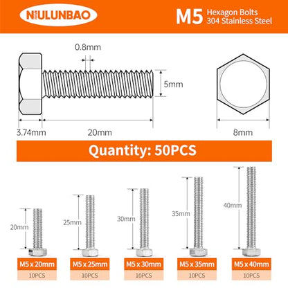M5 x 20mm 25mm 30mm 35mm 40mm Heavy Duty Hexagon Bolts Hex Head Screws, 304 Stainless Steel, Metric Fully Thread, Machine, Bright Finish, Assortment Kit 50PCS - size: M5 x 20/25/30/35/40mm (50PCS)