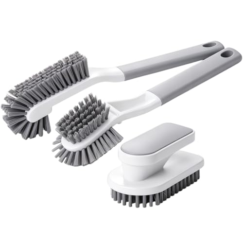 3 Pack Cleaning Brush Set, Multi-Purpose Scrub Brushes | Ergonomic Long Handles, Brush with medium firm bristles, For Bathroom, Kitchen, Sink, Tub, Tile, Grout,Car