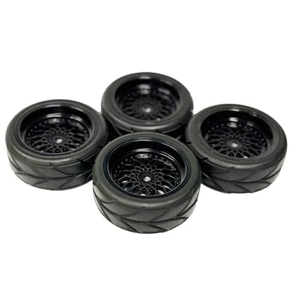 4PCS 64mm Rubber Tires and Plastic Wheel Rims Set 12mm Hex Replacement Part for Sakura Tamiya TT02 HPI HSP Kyosho 1/10 RC On Road Run-flating Touring Racing Car Tyre(Black,Offset:3MM) - color: Black, size: Offset:3mm