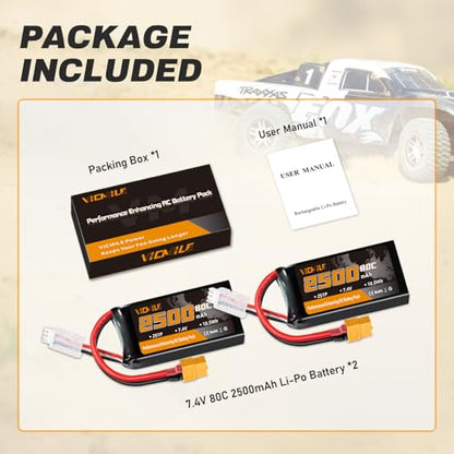 2S Lipo Battery 2500mAh 7.4V 80C High Discharge Rate Shorty Pack RC Batteries with XT60 Plug Fit for RC Airplane FPV Quadcopter Helicopter Drone and Racing RC Hobby Models 2500 High Capacity - style: XT60