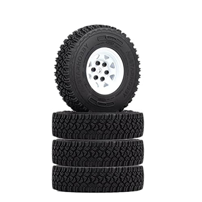 4PCS/Set 1.55 Inch Beadlock Metal Wheel Rim Rubber Tires Compatible with 1/10 RC Crawler Car Axial AX90069 D90 TF2 Tamiya CC01 LC70 (White) - color: White