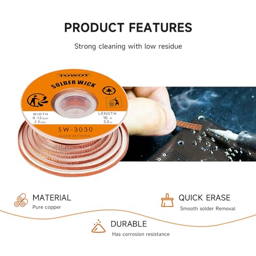 TOWOT Solder Wick Braid 10ft Desoldering Wick Braid Remover Tool With Flux No-Clean Soldering Wick Desolder Soldering 0.1 inch Width - style: W 0.10'' L 9.8'