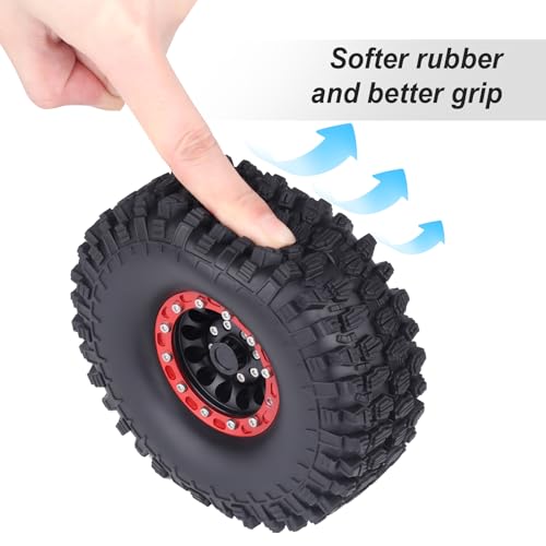 Hobbypark 1.9 Beadlock Wheel Rims Aluminum and 1.9 RC Crawler Tires 4.7 Inch Height Outer Diameter Foam Inserts for Traxxas TRX4 Axial SCX10 SCX10 II III Redcat Gen 8, Set of 4 (w/Red Rims)