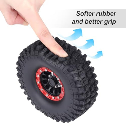 Hobbypark 1.9 Beadlock Wheel Rims Aluminum and 1.9 RC Crawler Tires 4.7 Inch Height Outer Diameter Foam Inserts for Traxxas TRX4 Axial SCX10 SCX10 II III Redcat Gen 8, Set of 4 (w/Red Rims)