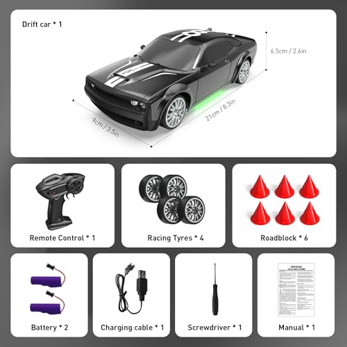 Remote Control Car 4WD RC Drift Car 2.4GHz 1:20 Scale 20KM/H High Speed Racing Car with 2 Rechargeable Batteries, LED Lights, 50 Min Play Time RC Cars Toys Gifts for Boys Girls Kids Adults -Black - color: Black