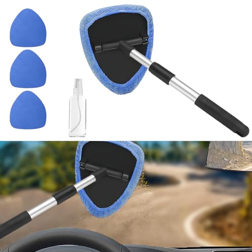Car Window Cleaner, Car Cleanser Brush, Car Accessories Car Cleaning Supplies Tools, Car Cleaning Kit with Extendable Handle, Microfiber Cloth, Spray Bottle, Fits All Cars (Blue) - color: Blue