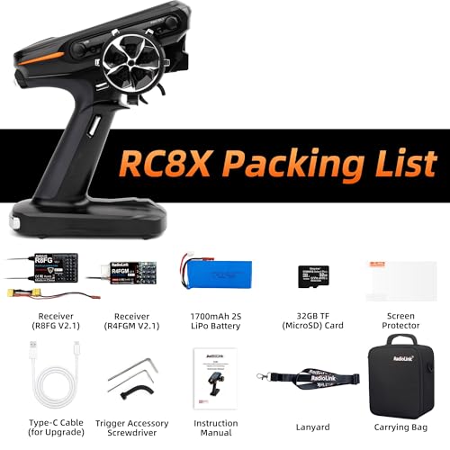 ATA HOBBY Radiolink RC8X 8CH 2.4G RC Transmitter and R8FG&R4FGM Gyro Receivers, 4.3" Full Color IPS Touch Screen RC Remote Controller, 600m Long Range, 200 Models for RC Crawler Drifting Cars Boats | 2.4GHz, 600m Long Range RC Remote and Receiver, 4.3" Fu