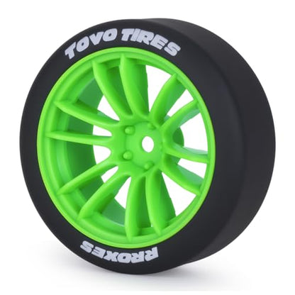 1/10 RC Drift Wheels and Tires Set, 12 Spoke On-Road Touring Car Wheel Tire Combo, 12mm Hex Drift Tires for RC Drift Car, 4PCS (Green) - color: Green