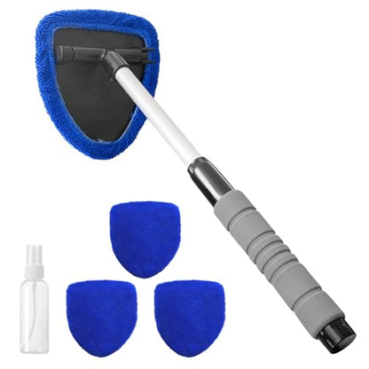 19" Extra-Long Windshield Cleaner Tool & Car Interior Detailing Kit | Extendable Handle and 4 Reusable Microfiber Pads, Streak & Lint-free, Auto Glass Wiper Brush for Car & Home - color: Blue
