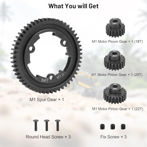 daitoku 54T 1 Mod Hardened Steel Spur Gear with 18T 20T 22T Motor Pinion Gear Compatible with Traxxas 1/10 Maxx 1/5 X-Maxx 1/10 E-REVO 2.0 VXL 1/7 XO-1 - size: 54T