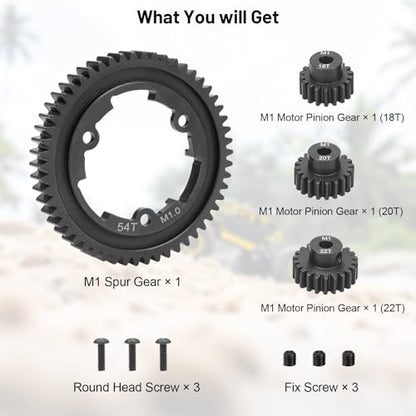 daitoku 54T 1 Mod Hardened Steel Spur Gear with 18T 20T 22T Motor Pinion Gear Compatible with Traxxas 1/10 Maxx 1/5 X-Maxx 1/10 E-REVO 2.0 VXL 1/7 XO-1 - size: 54T