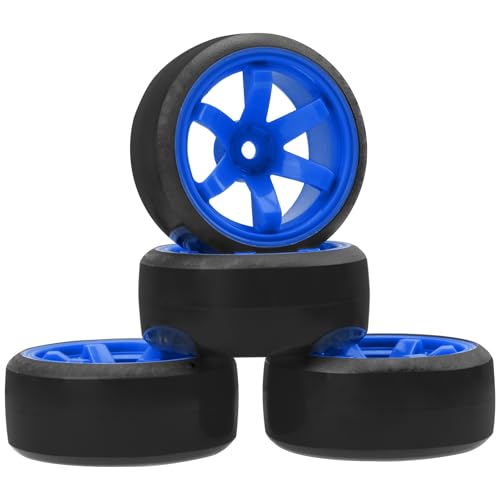 ShareGoo 4PCS/Set 1/10 Drift Car Tires,62mm Hard Plastic Tires & Wheel Rims 12mm Hex Compatible with Traxxas HSP Tamiya HPI Kyosho Wltoys RC 1/10 On Road Drift Drifting Car (Blue) - color: Blue