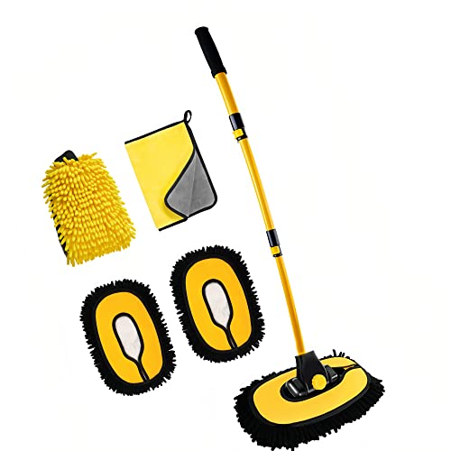 MVEQRRN 15° Curved Chenille Car Wash Brush Mop with Long Handle(Yellow) | Chenille car wash mop accessories, cleaning brush supplies, microfiber replacement head, for cars trucks RV - color: Yellow-003