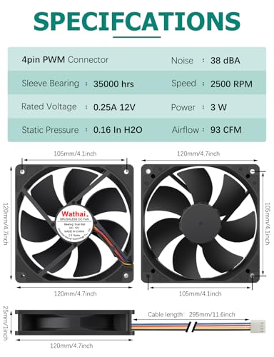 Wathai 120mm x 25mm 4Pin 12V Computer Case Fan DC Brushless Cooling Fan | High Speed Replacement for Desktop PCs Case, AIO GPU Coolers - style: 12V 4Pin 2500RPM