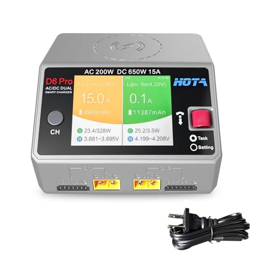 HOTA D6 Pro Lipo Battery Charger Dual Channel Smart Charger AC200W DC650W 15A for LiHv Nicd NiMH Lipo RC Battery Charger with Balance Phone Wireless Charging RC Car RC Boat FPV Race Drone Parts (Gray)