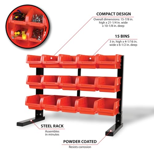 Performance Tool W5186 15-Bin Table Top Storage Organizer Rack | Powder-coated steel organizer rack with removable red bins. Small parts and craft organizer for home, office or garage - style: 15-Bin Table Top Storage Rack