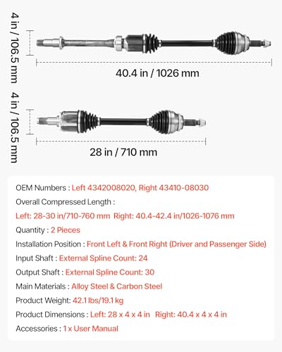 VEVOR CV Axle Shaft Assembly, 2 Pieces Front Left & Right (Driver and Passenger Side), Automotive Replacement CV Joint Axles Pair Compatible with 2004-2010 Toyota Sienna, Alloy Steel & Carbon Steel - size: 2004-2010 Toyota Sienna, style: Front Driver and