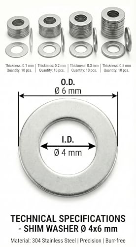 4x6mm Shim Washers Stainless Steel 40pc 0.1-0.5mm 4mm ID | 6mm outer diameter, DIN 988 metric shims. Ultra thin spacer washer assortment for small bearings, shafts and fine adjustment - size: 4x6