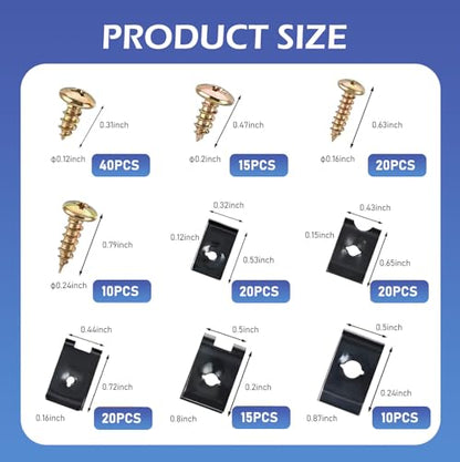 170PCS Car U-Clip and Screw Assortment Kit, 9 Different Sizes Auto U Nut Screw Clip, Car Body Screw Replacement Parts for Dash Door Panel Interior
