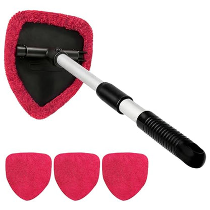 Windshield Cleaner Tool, Windshield Cleaning Tool, Car Window Detailing Cleaning Kit with Extendable Handle and Reusable Microfiber Pads, Auto Glass Wiper Brush for Car Office Home (Red) - color: Red