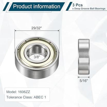 uxcell 3 Pcs 1606ZZ Deep Groove Ball Bearing 3/8" x 29/32" x 5/16" Double Metal Sealed, Chrome Steel Bearings - size: 1606ZZ 3/8" x 29/32" x 5/16"