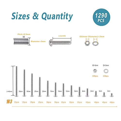 KADRICK 1290PCS Stainless Steel M3 Screw Aassortment Kit,Length 4mm to 40mm | 304 Stainless Steel,Hex Socket Button Head Screw Nut Washer Kit with Hex Wrench - size: SS M3 1290Pcs 4-40mm