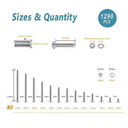KADRICK 1290PCS Stainless Steel M3 Screw Aassortment Kit,Length 4mm to 40mm | 304 Stainless Steel,Hex Socket Button Head Screw Nut Washer Kit with Hex Wrench - size: SS M3 1290Pcs 4-40mm