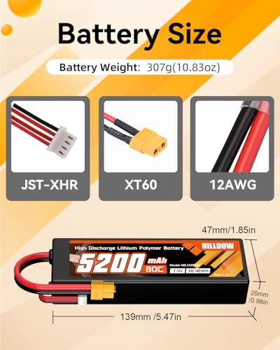 Hilldow 7.4V Lipo Battery 2S 80C 5200mAh Lipo Hard Case with XT60 Connector for RC Car Trucks RC Vehicles(2 Packs)