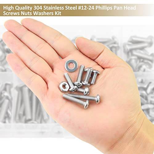 104 Pieces #12-24x 5/16", 3/8", 1/2", 5/8", 3/4", 7/8", 1", 1-1/4", Phillips Pan Head Machine Screws Nuts Washers Assortment Kit, 304 Stainless Steel, Fully Machine Thread - size: #12-24