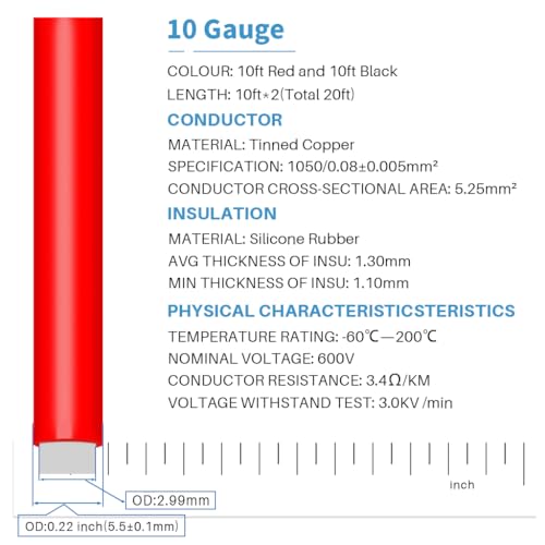 BNTECHGO 10 Gauge Silicone Wire 10 ft red and 10 ft Black Flexible 10 AWG Stranded Tinned Copper Wire - color: Silicone Wire Red and Black, size: 10 silicone wire red 10ft and black 10ft