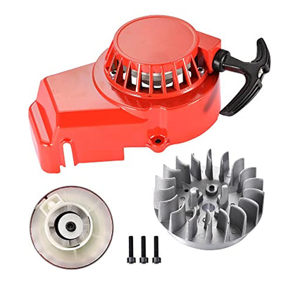 GOOFIT Alloy Pull Start Recoil Starter with Flywheel Replacement for 2 Stroke 47cc 49cc Pocket Coolster SSR SX50 Mini Dirt Bike Moto Quad ATV - color: Red