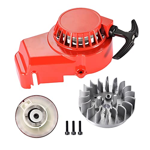 GOOFIT Alloy Pull Start Recoil Starter with Flywheel Replacement for 2 Stroke 47cc 49cc Pocket Coolster SSR SX50 Mini Dirt Bike Moto Quad ATV - color: Red