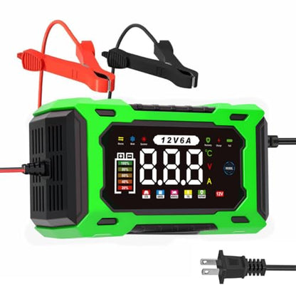 6A 12V Smart Battery Charger Maintainer (Green) | 6A Smart Charger Maintainer, Pulse Desulfator, Trickle Tender, Overcharge Safe, AGM/GEL/SLA, for Car/Marine/Lawn Mower/ATV - color: Green