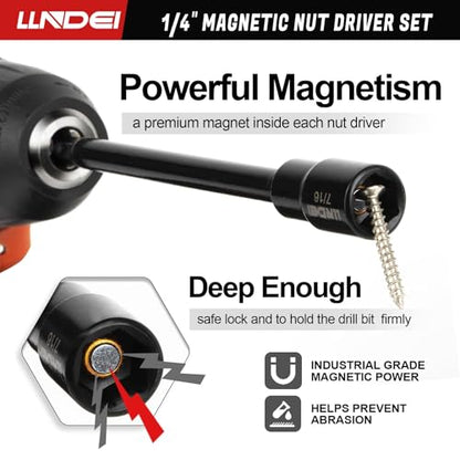1/4" Drive Socket Set & Nut Driver Set with Ratchet 38Pcs SAE 5/32" | 1/4" Sockets Deep&Shallow SAE 5/32" to 9/16" with Ratchet, Hex Shank 6" Long Nut Drivers(1/4"-9/16") for Drill Bits(PH1 PH2) - size: 38PCS SAE