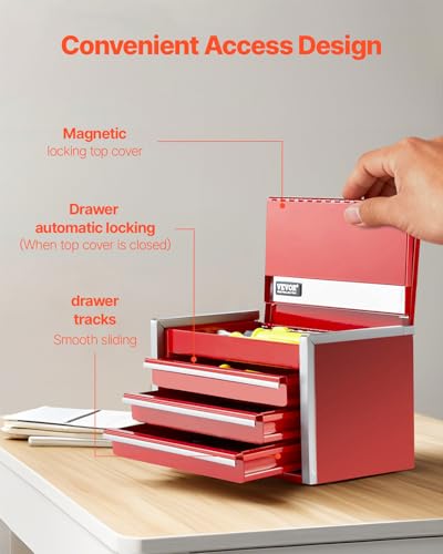 VEVOR Metal Tool Box, 8.6-inch, Portable Metal Tool Box with 3 Drawers, Small Tool Chest with EVA Liners and PP Feet Pads, Heavy-Duty Steel With Ball Bearing Opening and Powder Coated Finish, Red - size: 3 Drawers-Red
