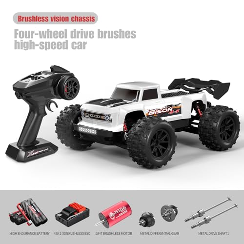 Brushless RC Cars for Adults, 1/16 Scale RC Truck, 55KM/H High Speed Remote Control Car, 2.4GHz 4WD All Terrains Off-Road RC Monster Truck with LED Light and Rechargeable Battery - size: 1 Battery