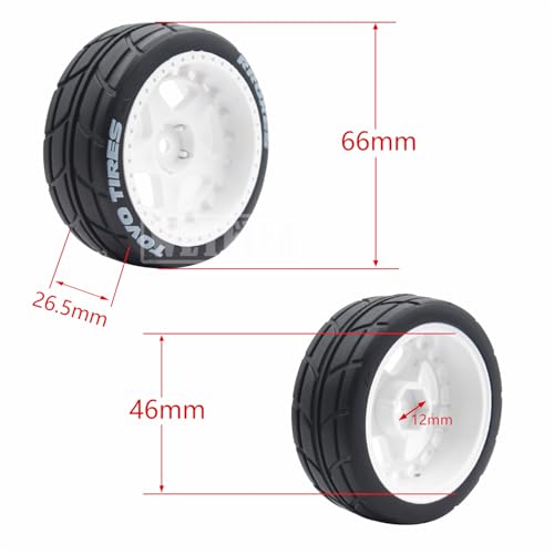 4PCS RC 1/10 On-Road Tires 65mm RC Rubber Tires w/Plastic Wheel Rim 12mm Hex Fit for 1/10 RC On-Road Rally Car HPI Tamiya TT01 TT02 Kyosho Wltoys 144001 - color: White 7