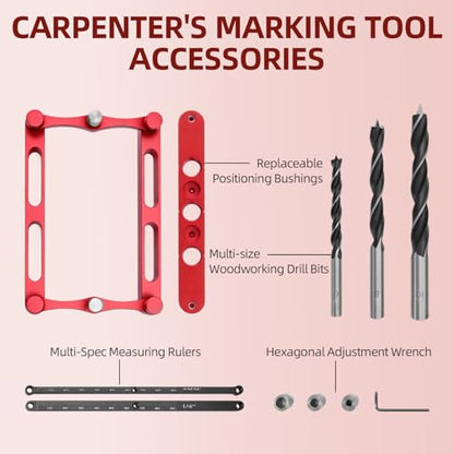 Positioner Locator Tool Dowel Jig Woodworking Joinery Hole Drill Guide，Center Finder Gauge with Self Centering Interchangeable Rods，Woodworking Marking Gauge for Precise Mortise and Tenon Jig