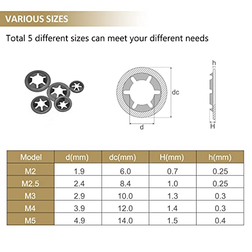 420 Pieces Internal Tooth Star Lock Washers, Kindroufly 5 Sizes Quick Speed Locking Washers, Push on Retaining Clips Assortment Kit (M2, M2.5, M3, M4, M5) - size: M2, M2.5, M3, M4, M5