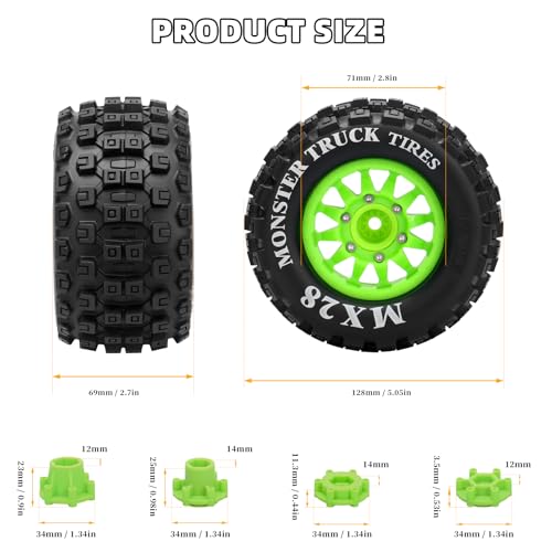 2.8" RC Tires with 12mm/14mm Hex Adapter 1/10 Scale RC Truck Tires RC Wheels and Tires Set for Traxxas Arrma Rustler Stampede 4PCS (Green) - Not Glued - color: Green