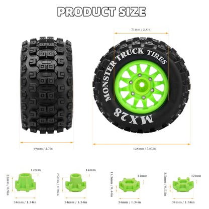 2.8" RC Tires with 12mm/14mm Hex Adapter 1/10 Scale RC Truck Tires RC Wheels and Tires Set for Traxxas Arrma Rustler Stampede 4PCS (Green) - Not Glued - color: Green