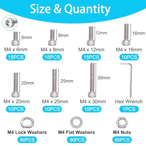 350PCS M4 Screw Kit, M4 x 6/8/12/16/20/25/30mm Hex Socket Head Cap Screws Bolts Nuts Washers Assortment Kit, 304 Stainless Steel Metric Bolts with Hex Wrench - size: SS M4 x 6/8/12/16/20/25/30mm, style: Socket Head