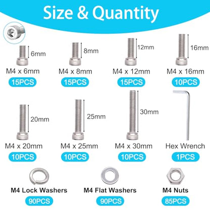 350PCS M4 Screw Kit, M4 x 6/8/12/16/20/25/30mm Hex Socket Head Cap Screws Bolts Nuts Washers Assortment Kit, 304 Stainless Steel Metric Bolts with Hex Wrench - size: SS M4 x 6/8/12/16/20/25/30mm, style: Socket Head