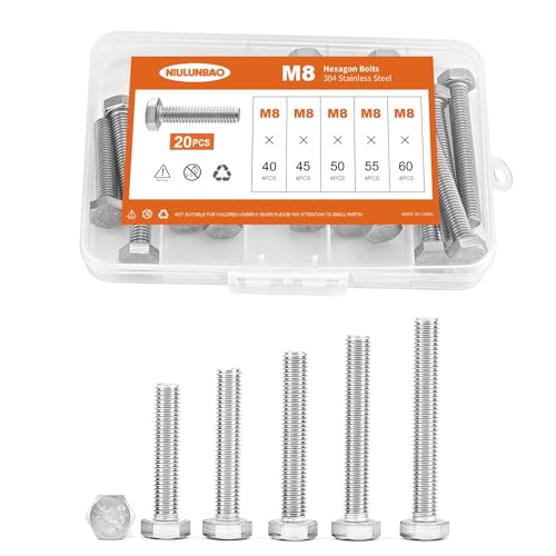 M8 x 40mm 45mm 50mm 55mm 60mm Heavy Duty Hexagon Bolts Hex Head Screws, 304 Stainless Steel, Machine Fully Thread, Metric, Bright Finish, Assortment Kit 20PCS - size: M8 x 40/45/50/55/60mm (20PCS)