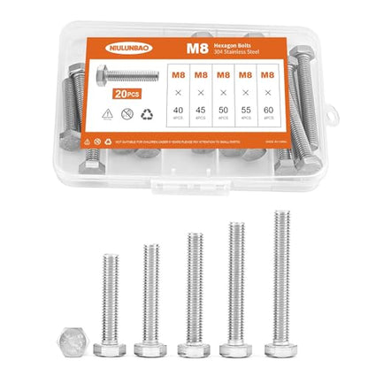 M8 x 40mm 45mm 50mm 55mm 60mm Heavy Duty Hexagon Bolts Hex Head Screws, 304 Stainless Steel, Machine Fully Thread, Metric, Bright Finish, Assortment Kit 20PCS - size: M8 x 40/45/50/55/60mm (20PCS)