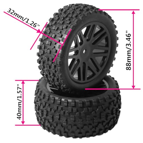 OD 88mm/3.46"12mm Hex Wheel Rims Rubber Tires with Sponge Replacement for 1/10 RC Off-Road Buggy Car,Black