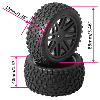 OD 88mm/3.46"12mm Hex Wheel Rims Rubber Tires with Sponge Replacement for 1/10 RC Off-Road Buggy Car,Black