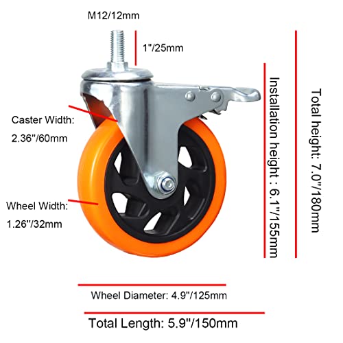 Heavy Duty Swivel Wheels, 3 Inch Yellow PVC Casters with Metric Stem M12-1.75x25mm Double Brakes Castors Safety Wheels up to 1200 Lbs/Set for Industry and Furniture Set of 4 - style: 5 Inch with Brake
