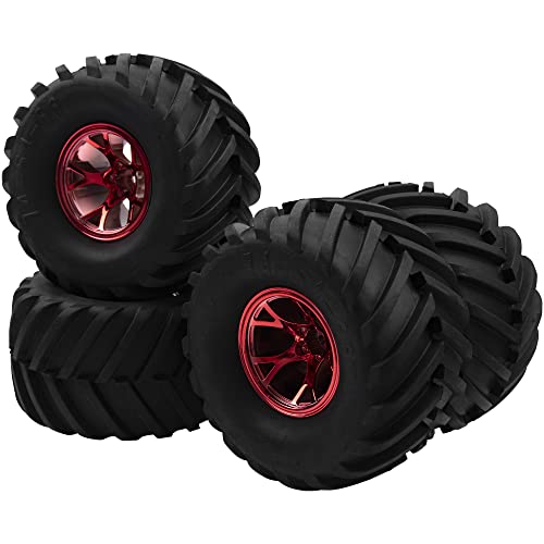 5.31''OD Rubber Tires & Wheel Rim 12mm Hex Hub Compatible with Traxxas Rustler HPI HSP Volcano Tamiya Exceed Himoto 1/10 Off-Road Monster Truck,135mmx73mm (Red) - color: Red