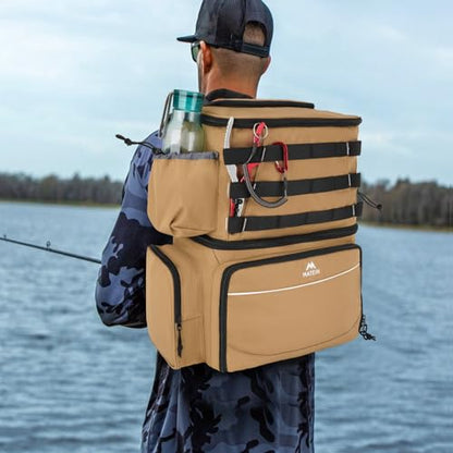 MATEIN Fishing Backpack, Tackle Storage Bag with Rod Holders & Cooler | Water Resistant Fishing Bag Fits 4 3600 Trays, Large Wide Open Tackle Box Backpack, Gifts for Fishermen - color: Khaki - Large